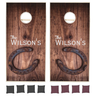 Horseshoe with a wooden Background Cornhole Set