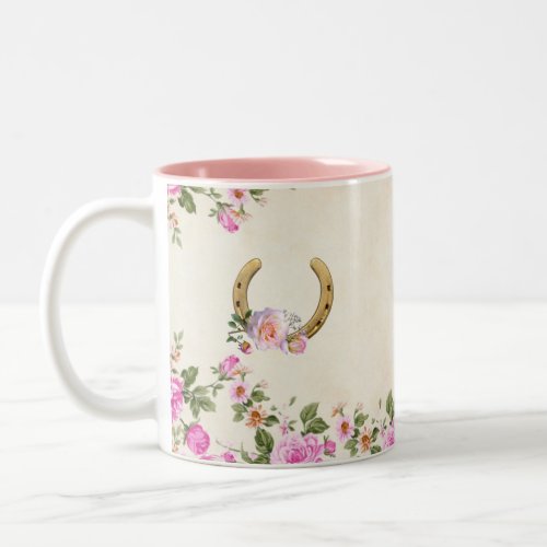  Horseshoe with Flowers on Beige Two_Tone Coffee Mug