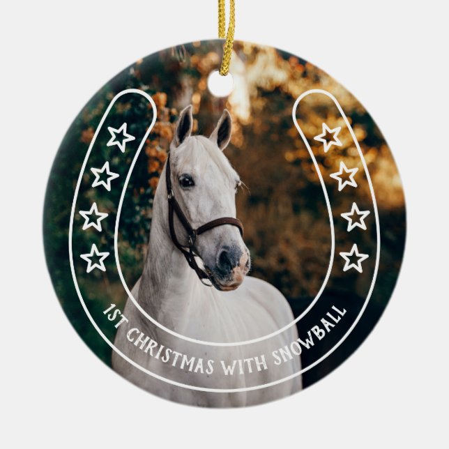 Horseshoe with Stars 1st Christmas with Horse Ceramic Ornament (Front)