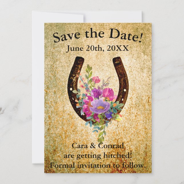 Horseshoe with Watercolor Flowers Save the Date Invitation (Front)