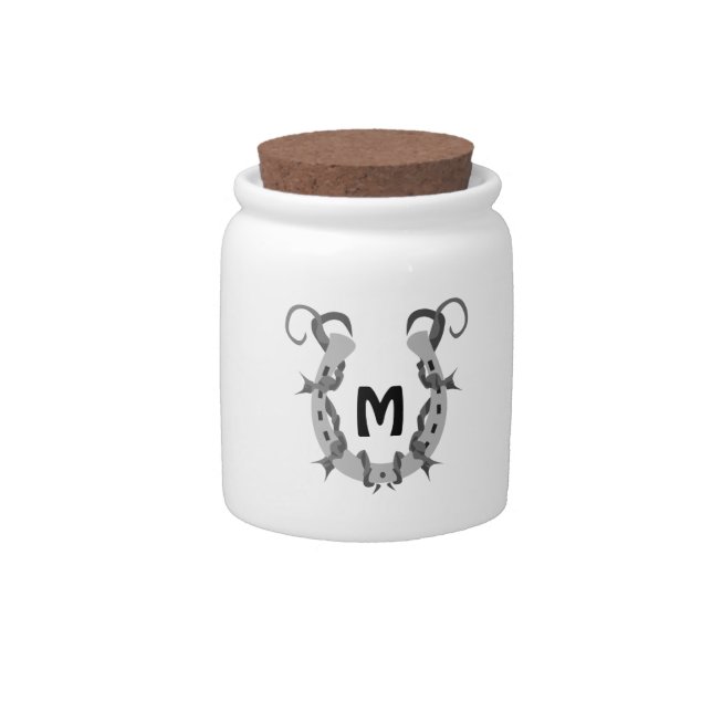 Horseshoe Wrapped in Barbed Wire Monogram Candy Jar (Front)