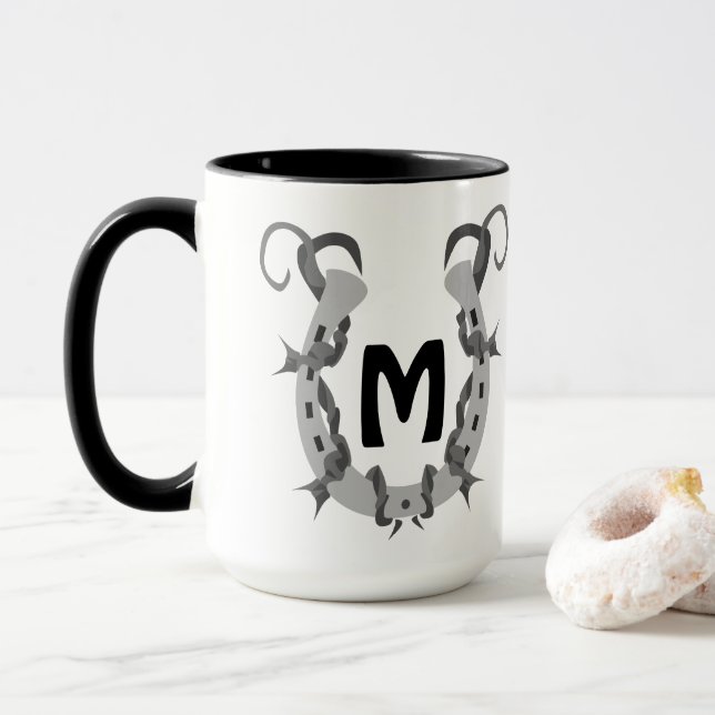 Horseshoe Wrapped in Barbed Wire Monogram Mug (With Donut)