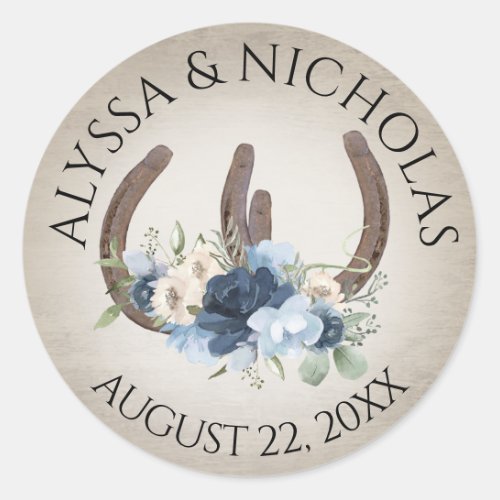 Horseshoes and Blue Flowers Rustic Classic Round Sticker