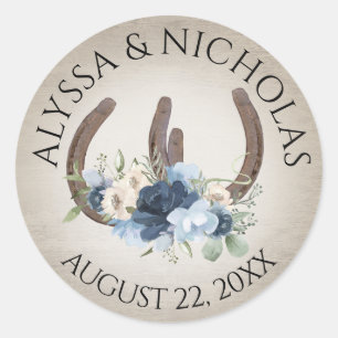 Horseshoes and Blue Flowers Rustic Classic Round Sticker