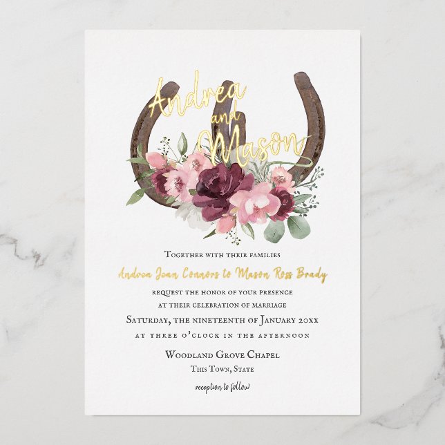 Horseshoes and Burgundy Pink Floral Wedding Foil Invitation (Front)