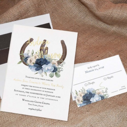 Horseshoes and Dusty Blue Floral Foil Invitation
