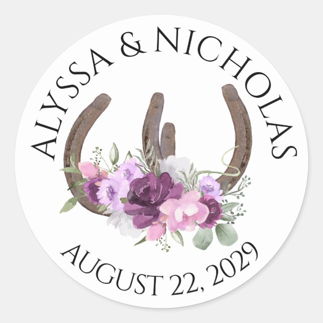 Horseshoes and Floral Purple  Classic Round Sticker (Front)