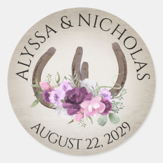 Horseshoes and Floral Purple Flowers Rustic Classic Round Sticker