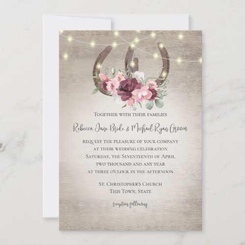 Horseshoes and Lights Floral Barn Wood Invitation