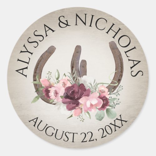 Horseshoes and Pink Flowers Rustic Classic Round Sticker