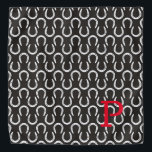 Horseshoes Black Initial Horse Equestrian Cowboy Bandana<br><div class="desc">Horseshoe pattern in white on black background with custom INITIAL in red. Easy to personalize text, text color, font. Great Bandana for ANY horse lover, cowboy, barn team, equestrian, pet scarf, horse show souvenir, horse memorial, event favor. Unisex, multi use. Colorful, Timeless, Fun. A Timeless Keepsake. Mix and match entire...</div>