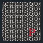 Horseshoes Black Initial Horse Equestrian Cowboy Bandana<br><div class="desc">Horseshoe pattern in white on black background with custom INITIAL in red. Easy to personalize text, text color, font. Great Bandana for ANY horse lover, cowboy, barn team, equestrian, pet scarf, horse show souvenir, horse memorial, event favor. Unisex, multi use. Colorful, Timeless, Fun. A Timeless Keepsake. Mix and match entire...</div>