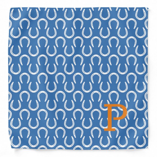 Horseshoes Blue Horse INITIAL Equestrian Cowboy Bandana (Front)