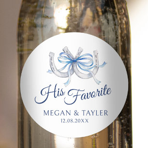 Horseshoes blue ribbon wedding his favorite classic round sticker