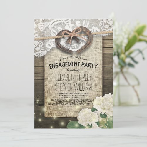 Horseshoes Burlap Lace Hydrangea Engagement Party Invitation