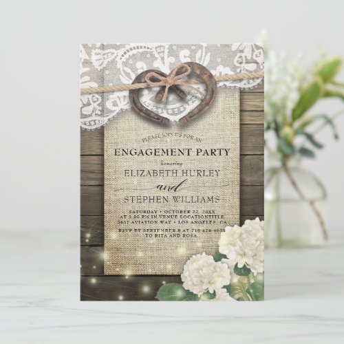 Horseshoes Burlap Lace Hydrangea Engagement Party Invitation