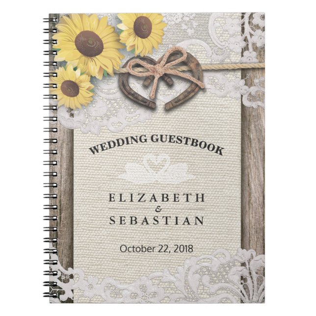 Horseshoes Burlap Lace Sunflower Wedding Guestbook Notebook (Front)