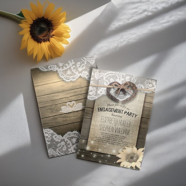 Horseshoes Burlap Lace Sunflowers Engagement Party Invitation (Creator Uploaded)