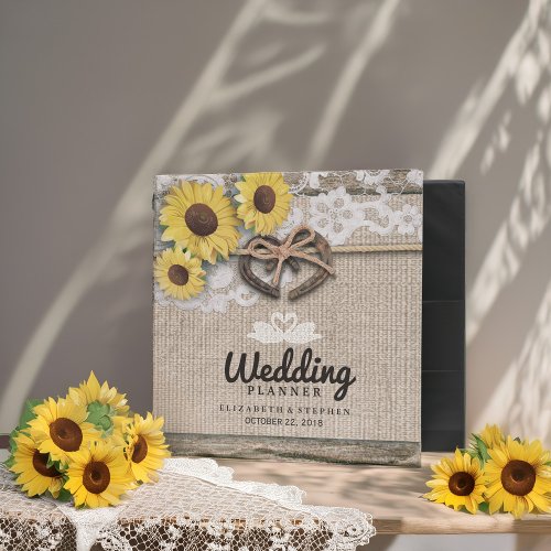 Horseshoes Burlap Lace Sunflowers Wedding Planner 3 Ring Binder