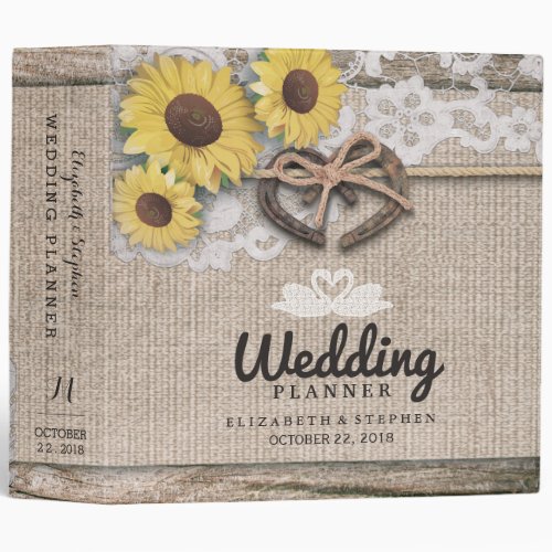 Horseshoes Burlap Lace Sunflowers Wedding Planner 3 Ring Binder