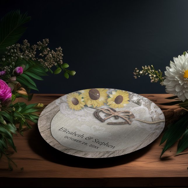 Horseshoes Burlap Lace Sunflowers Wedding Shower Paper Plates (Creator Uploaded)