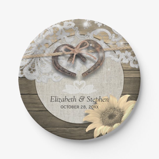 Horseshoes Burlap Lace Sunflowers Wedding Shower Paper Plates (Front)