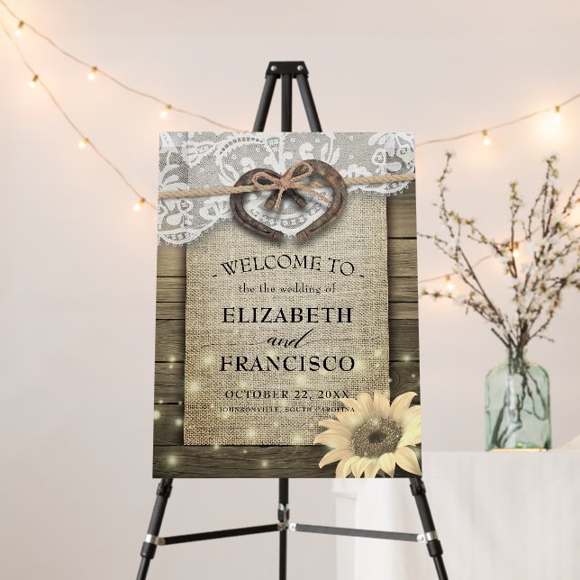 Horseshoes Burlap Lace Sunflowers Wedding Welcome  Foam Board (In Situ (Stand))