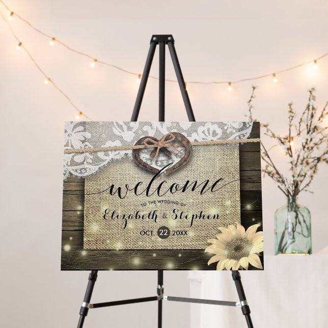 Horseshoes Burlap Lace Sunflowers Wedding Welcome Foam Board (In Situ (Stand))