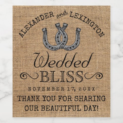 Horseshoes Burlap Look Rustic Country Wedding Wine Label