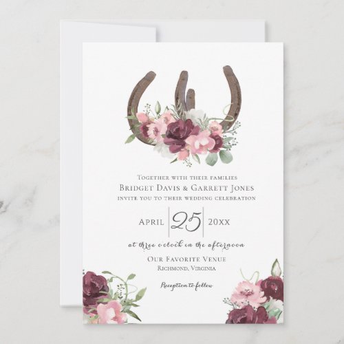 Horseshoes Floral Burgundy Pink Wedding Invitation