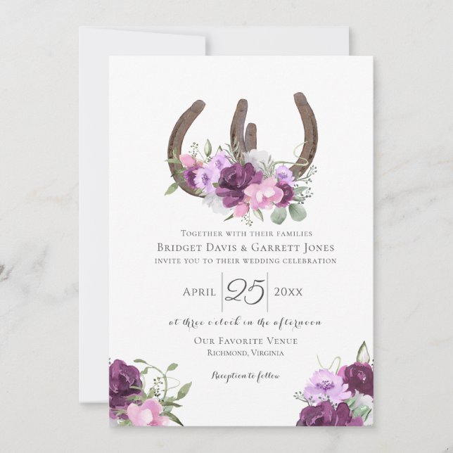 Horseshoes Floral Purple Wedding Invitation (Front)