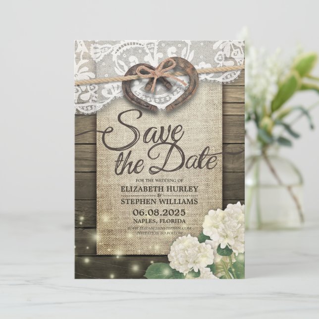 Horseshoes Hydrangea Country Wedding Save The Date (Standing Front)