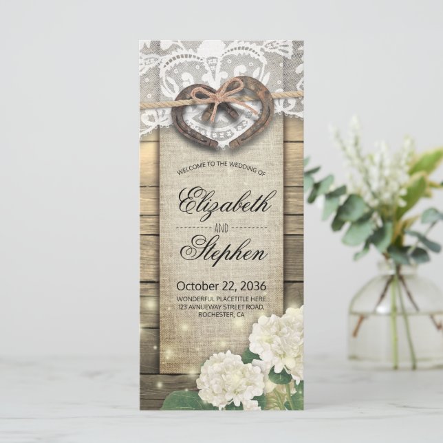Horseshoes Hydrangea Flower Wood Country Wedding Program (Standing Front)
