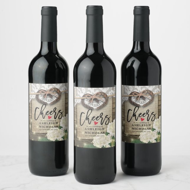 Horseshoes Hydrangea Lace Wedding Cheers to Love Wine Label (Bottles)