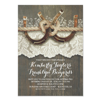 Horseshoes Lace Wood Baby's Breath Rustic Wedding Invitation