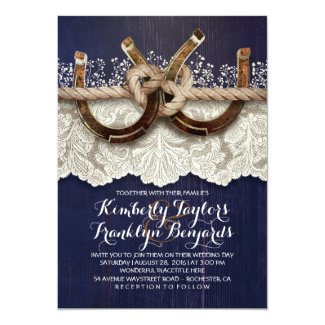 Horseshoes Lace Wood Navy Rustic Wedding Card