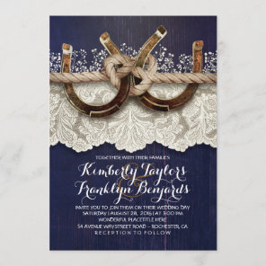 Horseshoes Lace Wood Navy Rustic Wedding Invitation