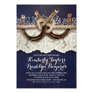 Horseshoes Lace Wood Navy Rustic Wedding Invitation