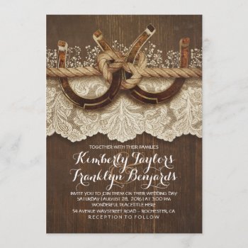 Horseshoes Lace Wood Rustic Country Wedding Invitation by jinaiji at Zazzle