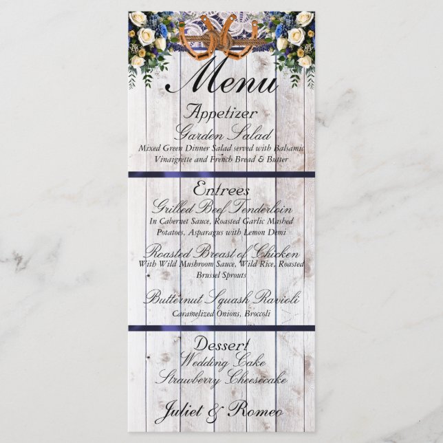 Horseshoes, Ribbon & Lace - Blue Wedding Menu (Front)