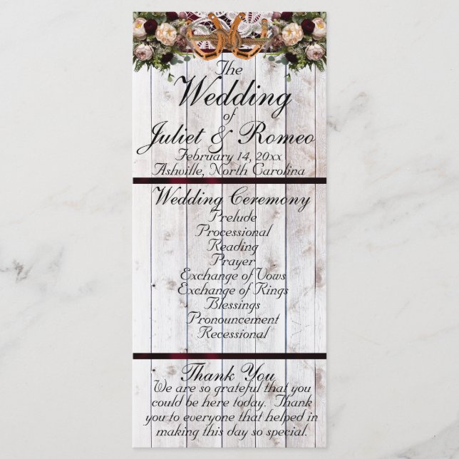 Horseshoes, Ribbon & Lace - Burgundy Wedding Program (Front)
