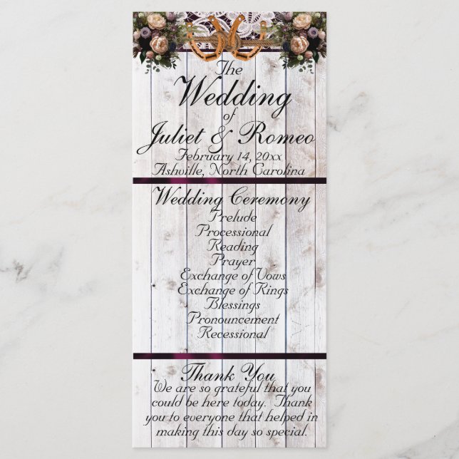 Horseshoes, Ribbon & Lace - Purple Wedding Program (Front)