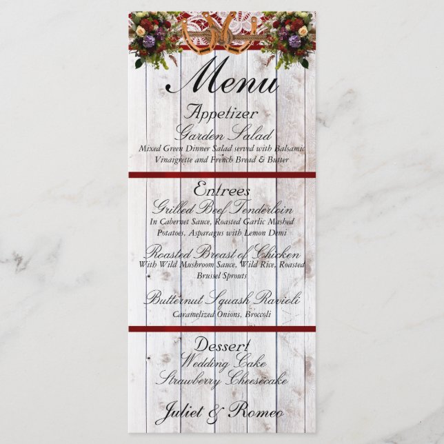 Horseshoes, Ribbon & Lace - Red Wedding Menu (Front)