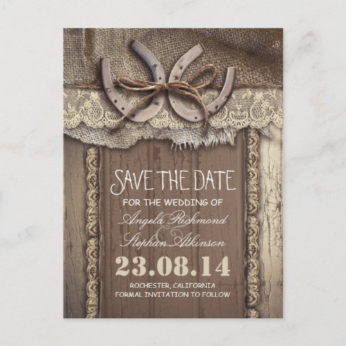 horseshoes rustic country save the date postcards