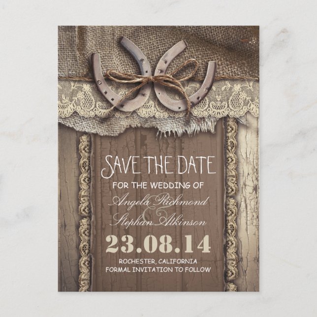 horseshoes rustic country save the date postcards (Front)