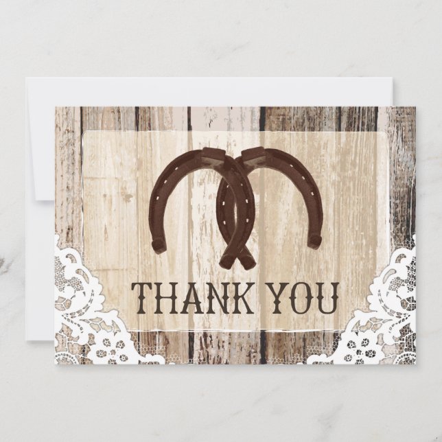 Horseshoes Rustic Wood and Lace Thank You Card (Front)