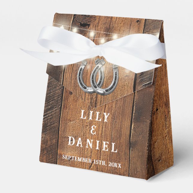 Horseshoes Rustic Wood String Lights Wedding Favor Boxes (Front Side)