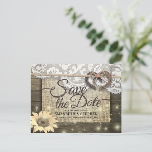 Horseshoes Sunflower Country Wedding Save The Date Postcard