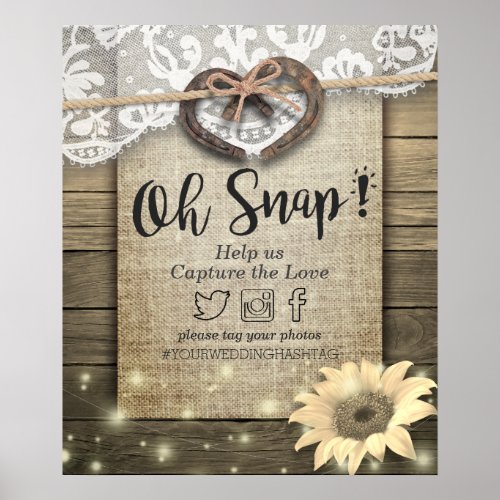 Horseshoes Sunflower Country Wedding Snap Hashtag Poster