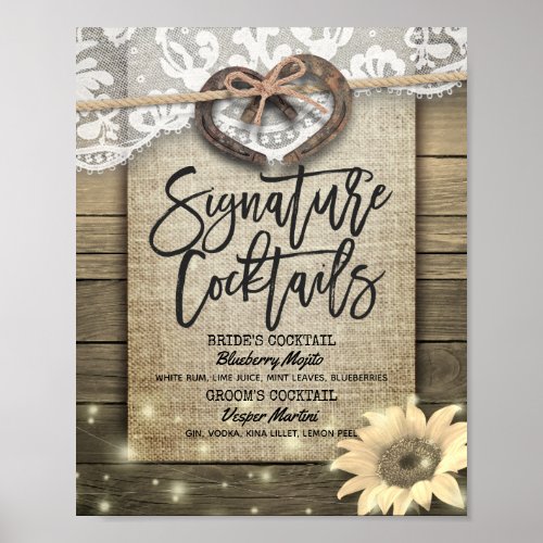 Horseshoes Sunflower Wedding Signature Drink Menu Poster